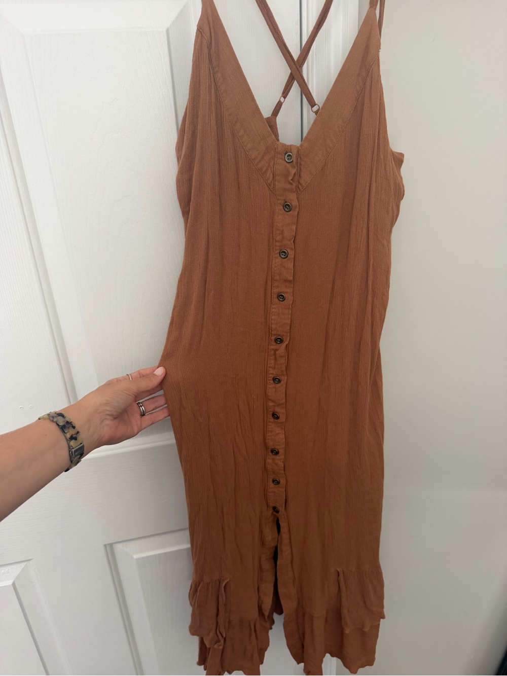 VICI - Wishlist Brand - Rust Crinkle Gauze Button Front High Low Maxi Dress L